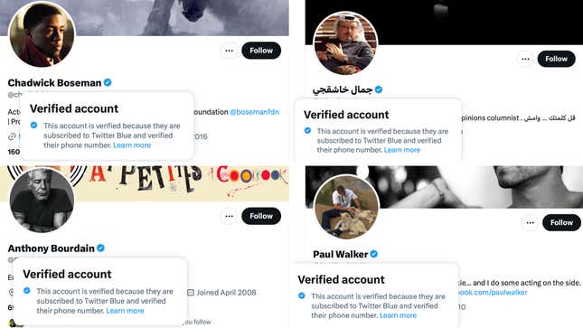 Screenshots of the Twitter profiles of Chadwick Boseman, Anthony Bourdain, Jamal Khashoggi, and Paul Walker.