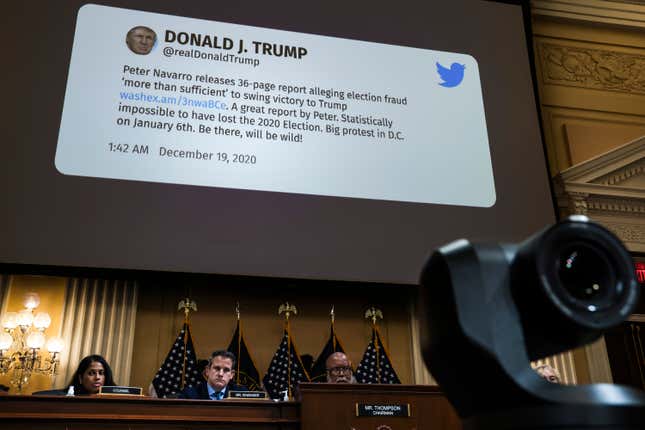 A tweet from former President Donald Trump is displayed during the fifth hearing by the House Select Committee investigating the Jan. 6 Capitol attack.