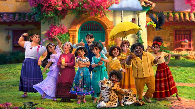 The family members of the Madrigal family in Disney's Encanto, standing in front of their house. 