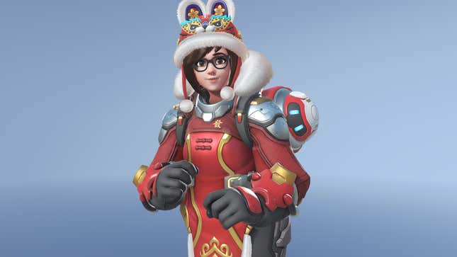 Mei wears her Hu Tou Mao, featuring a red outfit with a hat that has bunny ears.