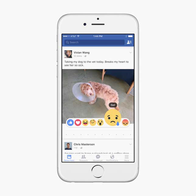Image for article titled Facebook is supplementing the “like” button with six emoji reactions