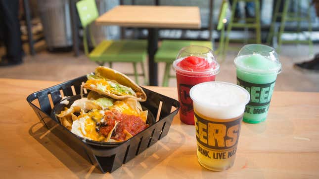 Taco Bell Cantina alcoholic drinks and basket of food