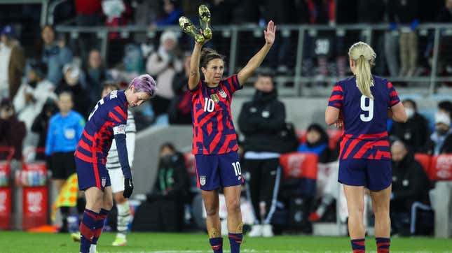 USWNT’s Carli Lloyd  waves to fans after she was substituted for the final time as a member of the US Women’s National Team against Korea Republic in the second half of the game at Allianz Field on October 26, 2021.