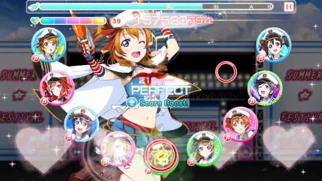 A screenshot shows gameplay from Love Live! School Idol Festival.