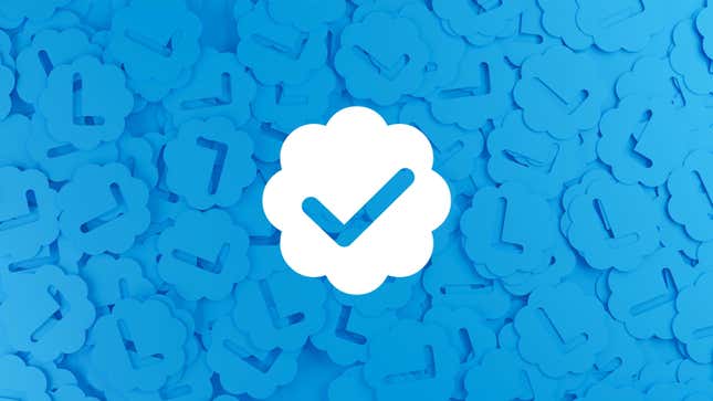 A white Twitter verified checkmark on top of a heap of blue verified checkmarks.