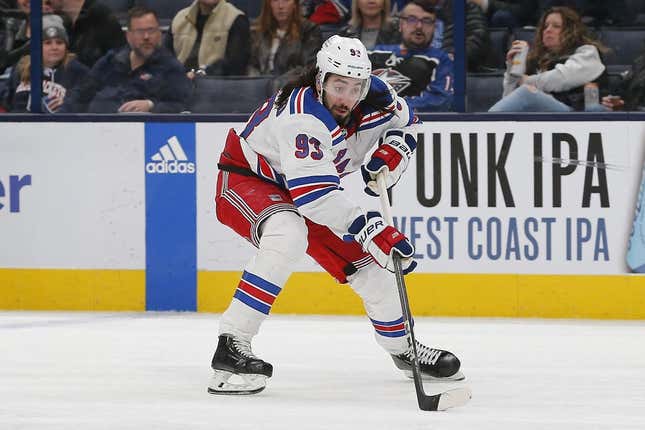 Apr 8, 2023; Columbus, Ohio, USA; New York Rangers center Mika Zibanejad (93) skates on a breakaway against the Columbus Blue Jackets during the third period at Nationwide Arena.
