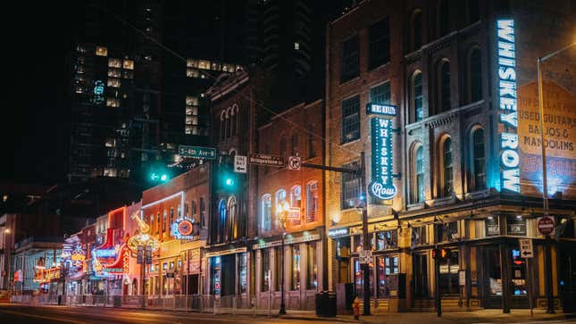 Downtown Broadway is seen at night on April 8, 2020 in Nashville, Tennessee. 