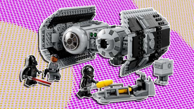 The new Lego TIE Bomber set sits on a colorful background of pink and yellow dots. 