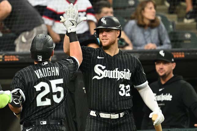 Aug 7, 2023; Chicago, Illinois, USA; Chicago White Sox infielder Gavin Sheets (32) congratulates outfielder Andrew Vaughn (25) after his two-run home run in the second inning against the New York Yankees at Guaranteed Rate Field.