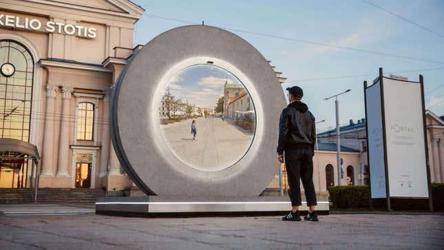 A portal in front of the Vilnius train station in Lithuania.