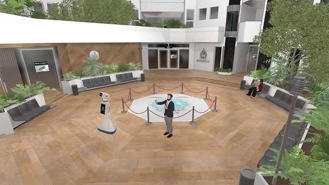 A virtual rendition of the main courtyard at the Interpol headquarters in Lyon France with a robot and man in a black suit standing in the center.