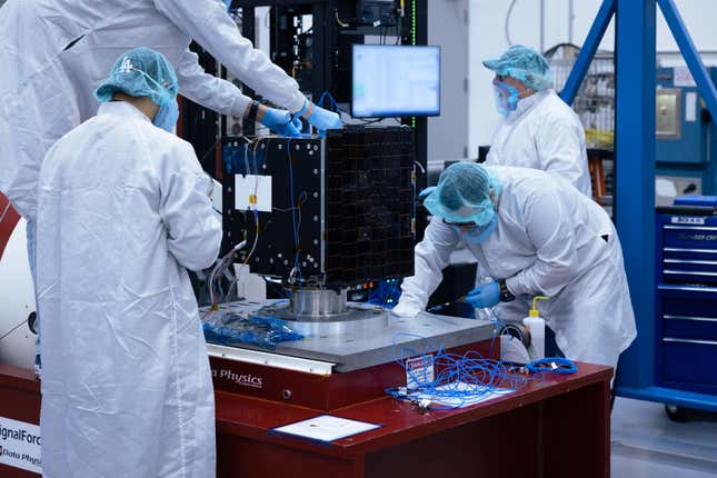 Millennium Space Systems pulled a small satellite from its production line to prep for launch as part of Victus Nox. 
