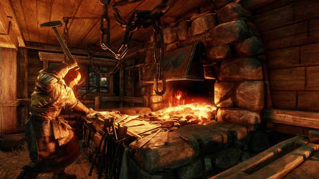 A blacksmith hammers at a sword in a forge.