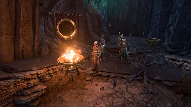 Tav, Shadowheart, Lae'zel, and Gale are shown standing next to a lit brazier.
