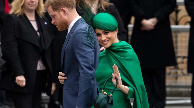 Prince Harry, Duke of Sussex, left, and Meghan, Duchess of Sussex arrive to attend the annual Commonwealth Service at Westminster Abbey on March 9, 2020 in London, England.