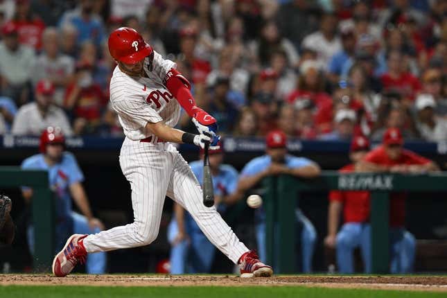 Aug 26, 2023; Philadelphia, Pennsylvania, USA; Philadelphia Phillies shortstop Trea Turner (7) grounds into a double play and drives in a run in the third inning against the St. Louis Cardinals at Citizens Bank Park.