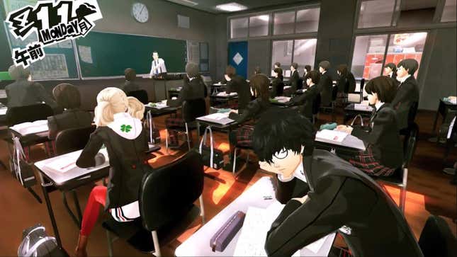 The Persona 5 protagonist sleeps on his desk.