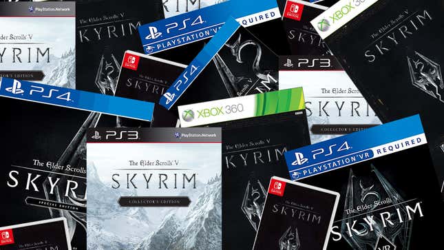 A bunch of copies of Skyrim stacked on top of each other in a giant mess. 