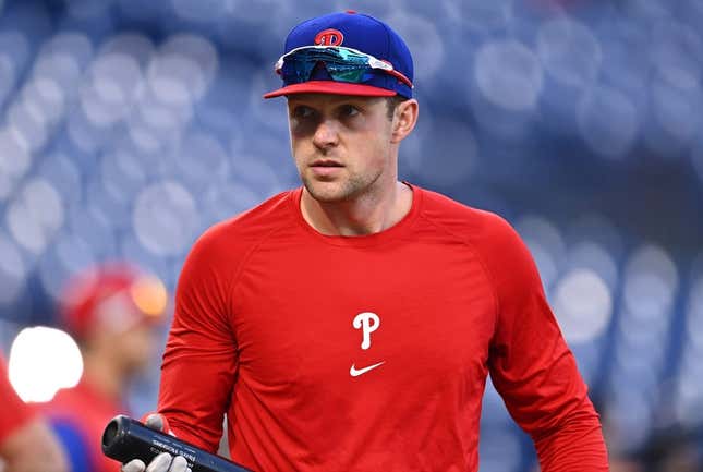 Nov 1, 2022; Philadelphia, PA, USA; Philadelphia Phillies first baseman Rhys Hoskins (17) warms up before game three of the 2022 World Series against the Houston Astros at Citizens Bank Park.