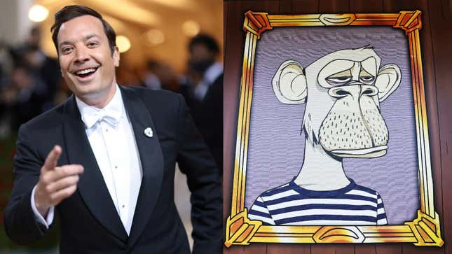 Left: Jimmy Fallon ( Photo: Dimitrios Kambouris/Getty Images for The Met Museum/Vogue) Right: Art at Long Island’s Bored & Hungry restaurant, which uses NFT art in its branding (Photo: Mario Tama/Getty Images)