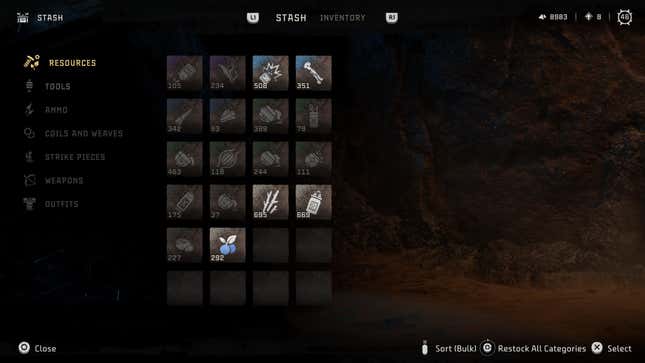 Horizon Forbidden West's stash menu shows a bunch of resources.
