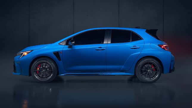 Side view of the blue 2024 GR Corolla Circuit Edition.