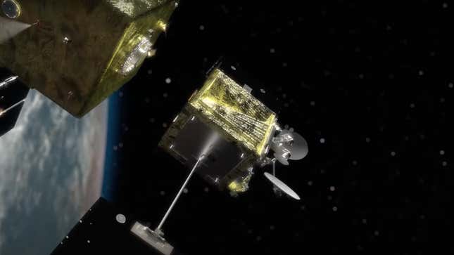 Astroscale’s satellite stalking a defunct satellite in orbit to throw it towards Earth’s atmosphere. 