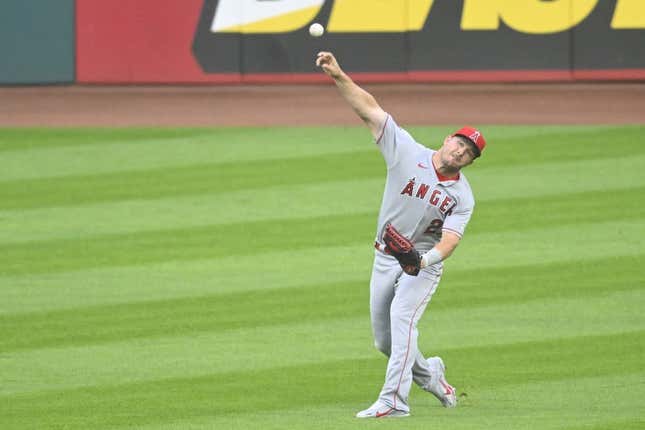 May 12, 2023; Cleveland, Ohio, USA; Los Angeles Angels center fielder Mike Trout (27) throws the ball to the infield in the second inning against the Cleveland Guardians at Progressive Field.