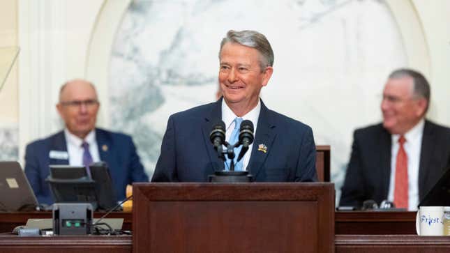 Idaho Gov. Brad Little claps delivers his 2023 State of the State address held at the Idaho State Capitol, Monday, Jan. 9, 2023, in Boise, Idaho. (AP Photo/Kyle Green)