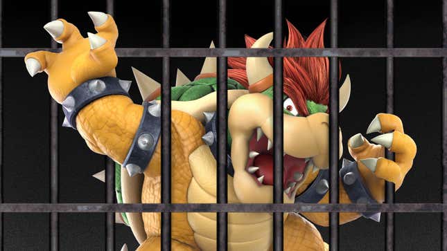 Bowser, the main boss from Mario, locked behind bars and angry. 