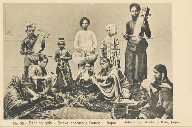 A troupe of Indian show people, postcard printed by Gobind Ram and Oodey Ram, Jaipur, c. 1900.