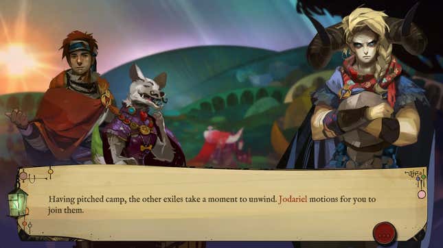 Three characters--a red-headed figure, a stern-looking, muscular individual, and an ornately garbed, mustachioed dog--appear against a hilly green background with text onscreen reading, "Having pitched camp, the other exiles take a moment to unwind. Jodariel motions for you to join them."