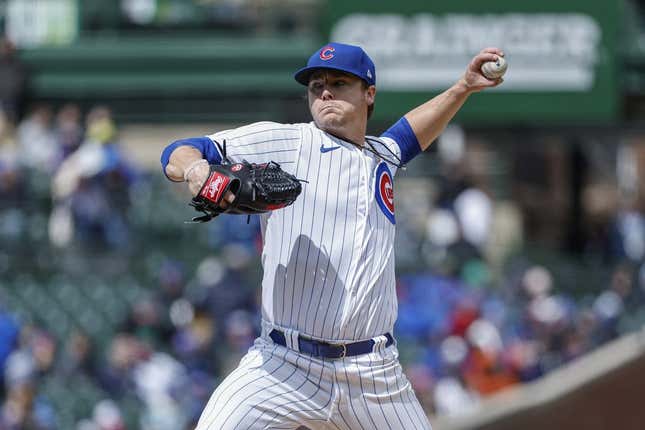 Apr 1, 2023; Chicago, Illinois, USA; Chicago Cubs starting pitcher Justin Steele (35) delivers against the Milwaukee Brewers during the second inning at Wrigley Field.