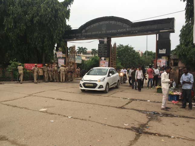 High security at the Baba Raghav Das Medical College, Gorakhpur.