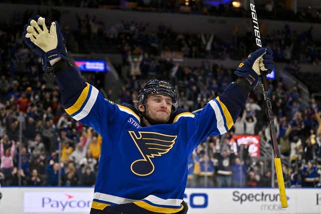 Mar 28, 2023; St. Louis, Missouri, USA;  St. Louis Blues left wing Jakub Vrana (15) reacts after scoring the game winning goal against the Vancouver Canucks during overtime at Enterprise Center.