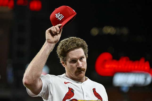 Aug 14, 2023; St. Louis, Missouri, USA;  St. Louis Cardinals starting pitcher Miles Mikolas (39) tips his cap to the fans as he walks off the field after he was removed from the game during the seventh inning against the Oakland Athletics at Busch Stadium.