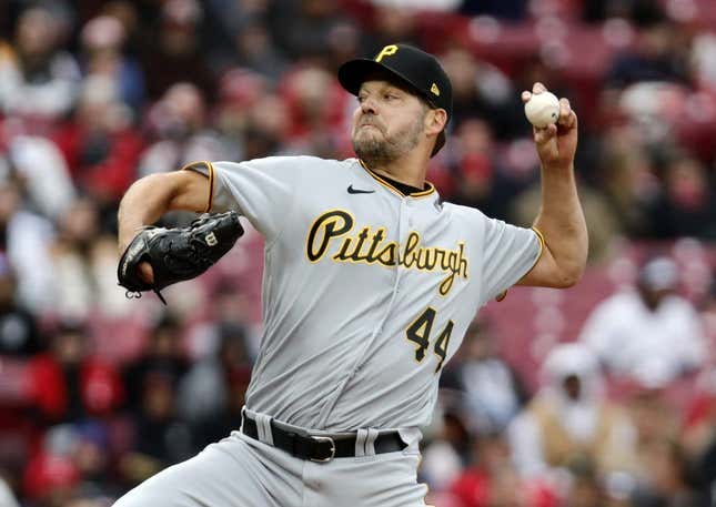 Apr 1, 2023; Cincinnati, Ohio, USA; Pittsburgh Pirates starting pitcher Rich Hill (44) throws against the Cincinnati Reds during the first inning at Great American Ball Park.