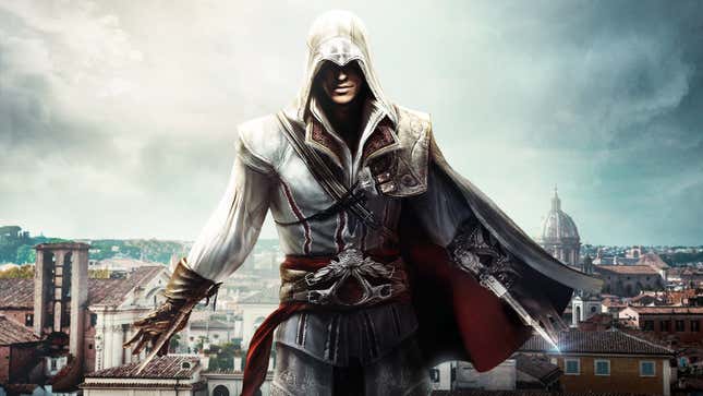 An assassin from Assassin's Creed holds out his arm with a dagger in either one.