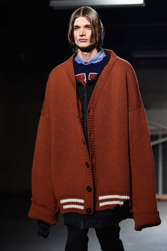 A model walks the runway during the Raf Simons Menswear Fall/Winter 2016-2017 show as part of Paris Fashion Week on January 20, 2016 in Paris, France.