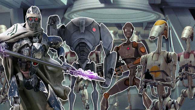 An image shows droids standing together in a Star Wars hallway. 