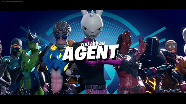 A screenshot from Fortnite's Impostor mode showing a group of assembled agents. 