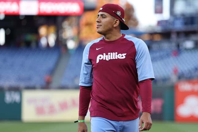 Nov 3, 2022; Philadelphia, Pennsylvania, USA; Philadelphia Phillies starting pitcher Ranger Suarez (55) looks on before game five of the 2022 World Series against the Houston Astros at Citizens Bank Park.