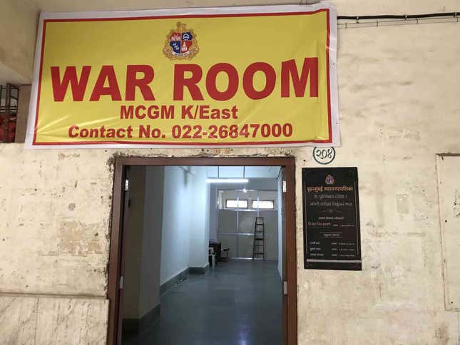 A banner hangs outside the war room.