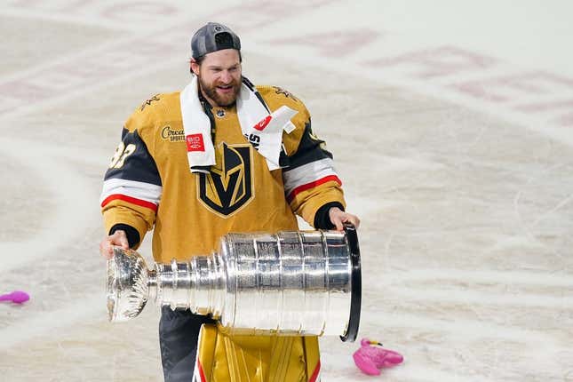 June 13, 2023;  Las Vegas, Nevada, USA;  Vegas Golden Knights goaltender Aiden Hill (33) won the Stanley Cup after defeating the Florida Panthers in game five of the 2023 Stanley Cup Finals at T-Mobile Arena.