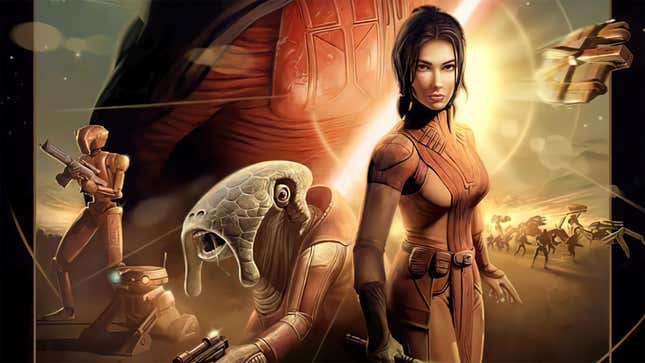 Cover art for Knights of the Old Republic shows various characters and droids together. 