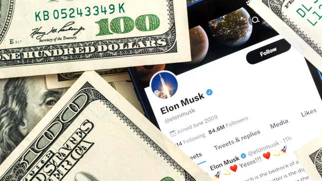 An illustration of Elon Musk's Twitter profile surrounded by U.S. money.