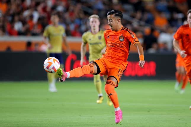 Aug 23, 2023; Houston, TX, USA; Houston Dynamo FC midfielder Amine Bassi (8) looks to control the ball against Real Salt Lake during the first half at Shell Energy Stadium.