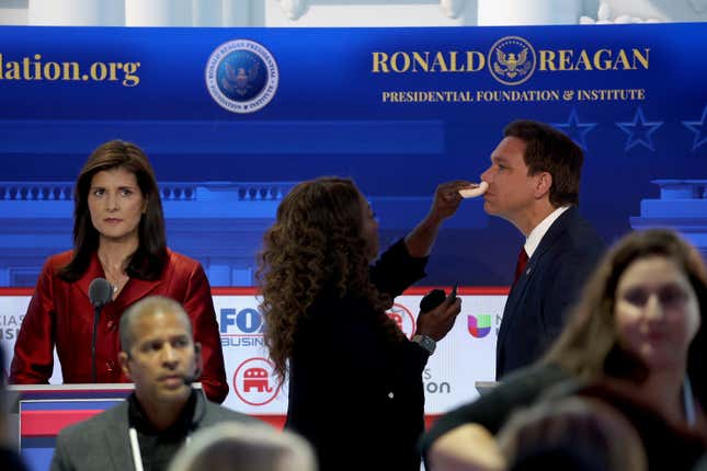 Republican presidential candidate Florida Gov. Ron DeSantis has touchups mades alongside former U.N. Ambassador Nikki Haley during a break in the FOX Business Republican Primary Debate at the Ronald Reagan Presidential Library on September 27, 2023 in Simi Valley, California.