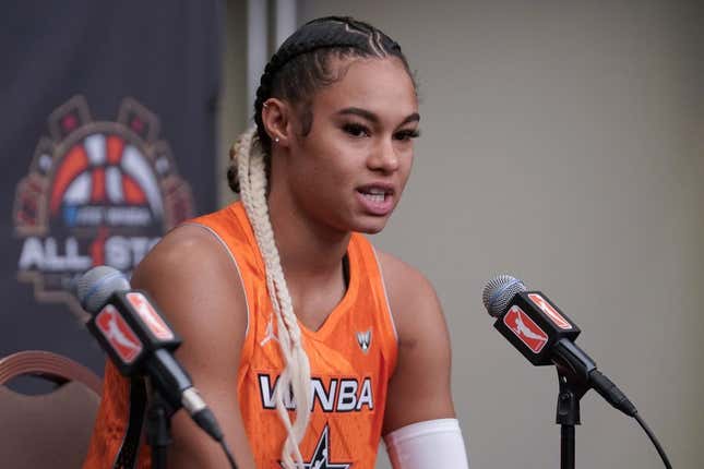 Jul 15, 2023; Las Vegas, NV, USA; Team Stewart frontcourt Satou Sabally (0) answers questions during a press conference prior to the 2023 WNBA All-Star Game at Michelob Ultra Arena.