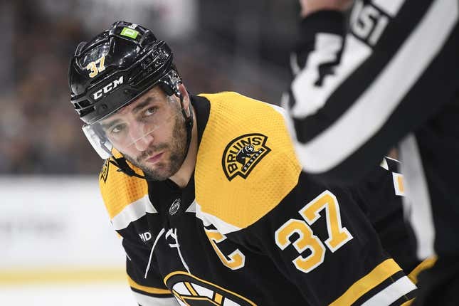 Apr 26, 2023; Boston, Massachusetts, USA; Boston Bruins center Patrice Bergeron (37) gets ready for a face-off during the first period in game five of the first round of the 2023 Stanley Cup Playoffs against the Florida Panthers at TD Garden.